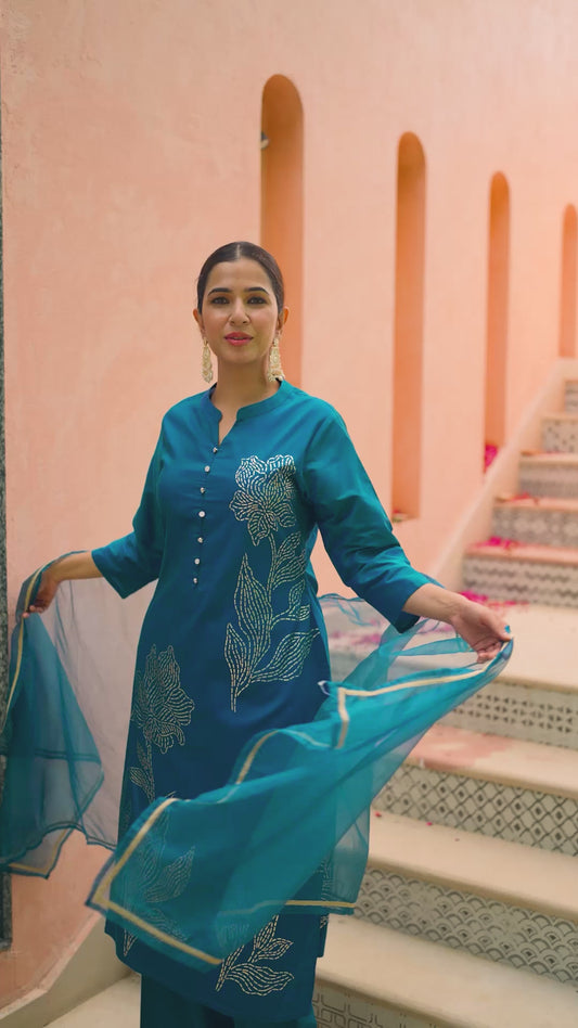 Chanderi Placement Print Straight Teal Kurta