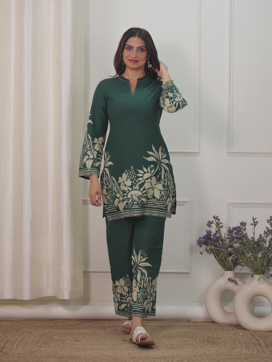Embroidered Soft Cotton Placement Print Straight Green Kurta
