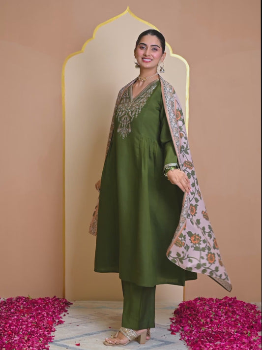 Embroidered Chanderi Solid Flared Green Kurta