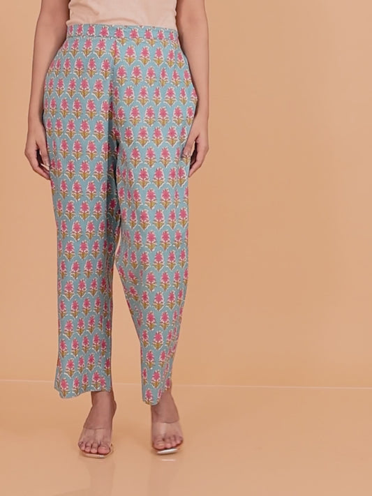 Soft Cotton Floral Green Straight Trousers