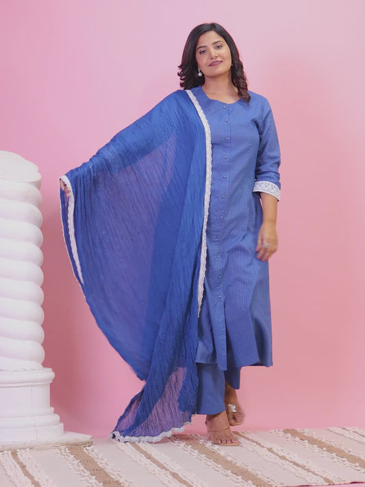 Kantha Cotton Solid A-line Blue Kurta