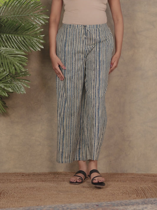 Soft Cotton Striped Blue Flared Trousers