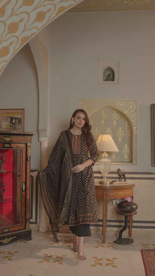 Embroidered Soft Cotton Butti Anarkali Black Kurta
