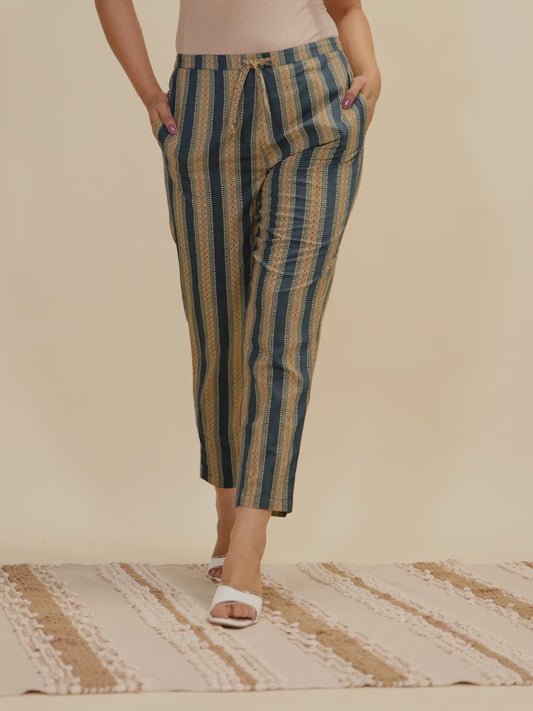 Soft Cotton Geometric Teal Tapered Trousers