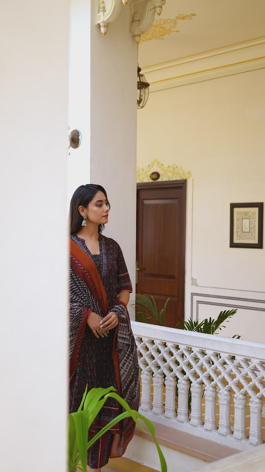 Soft Cotton Ikat Flared Black Kurta