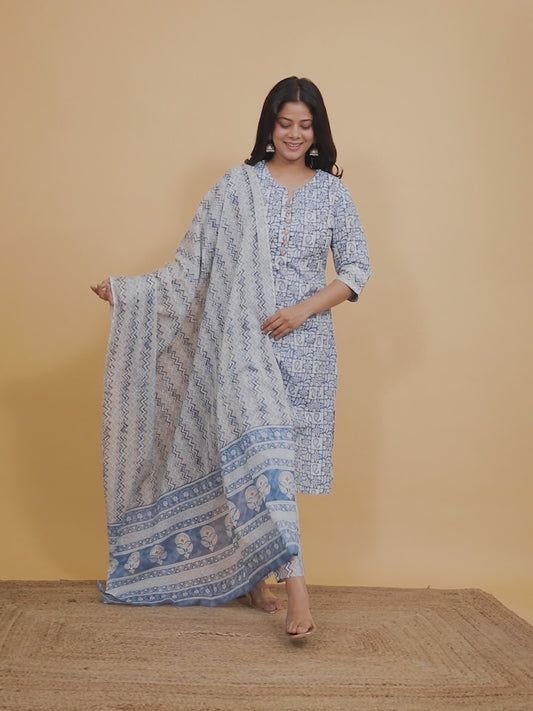 Soft Cotton Abstract A-line Blue Kurta