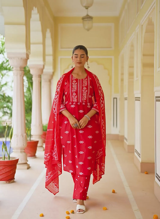 Soft Cotton Geometric Straight Red Kurta