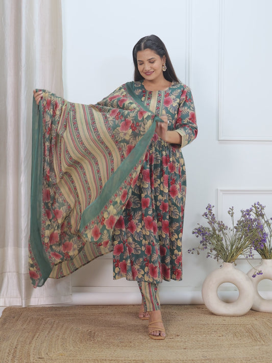 Soft Cotton Floral Flared Green Kurta