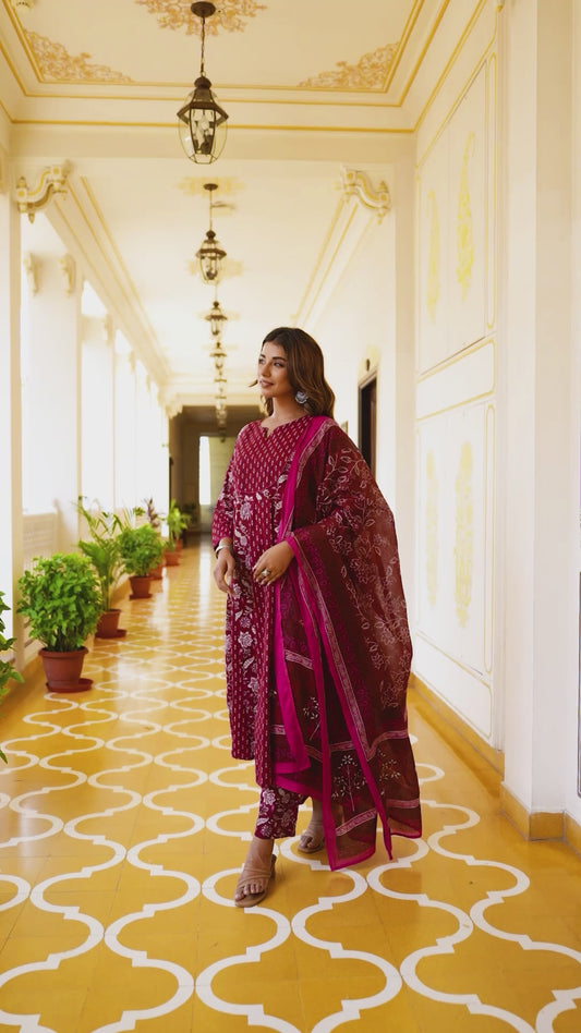 Soft Cotton Floral Anarkali Maroon Kurta