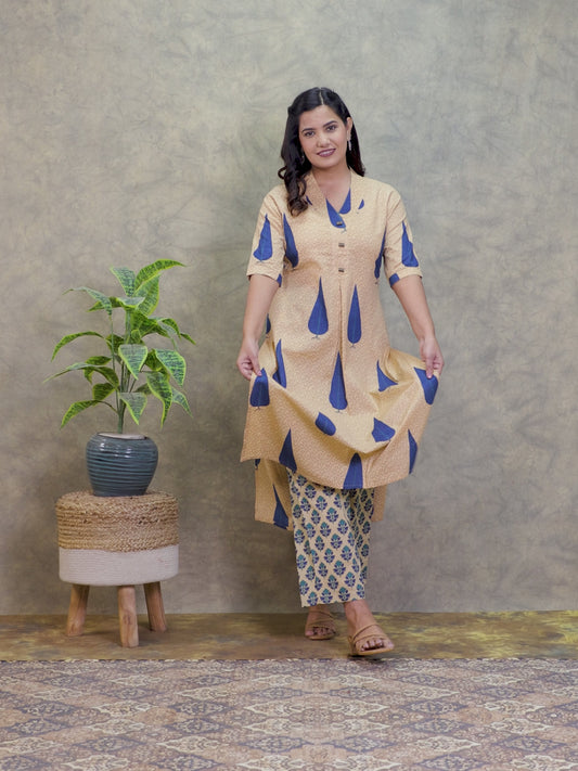 Soft Cotton Foliage Straight Beige Kurta
