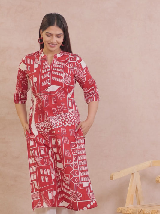 Soft Cotton Abstract Straight Red Kurta