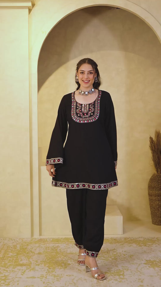 Embroidered Viscose Solid Straight Black Short Kurta