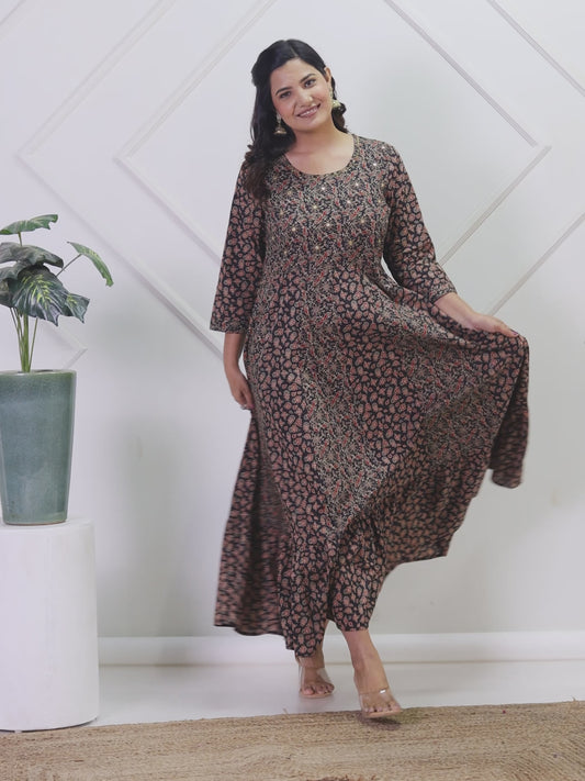 Embroidered Soft Cotton Ajrakh Anarkali Black Dress