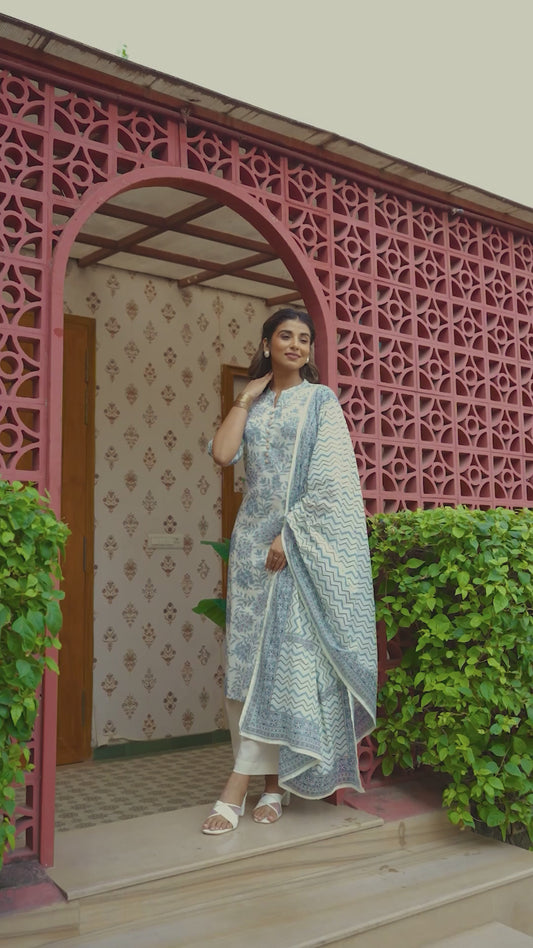 Linen Cotton Floral Straight Blue Kurta