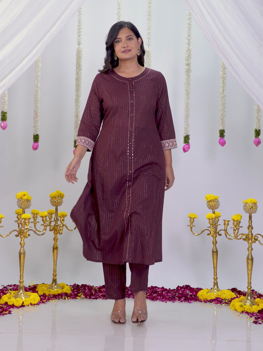 Embroidered Lurex Cotton Solid Flared Brown Kurta