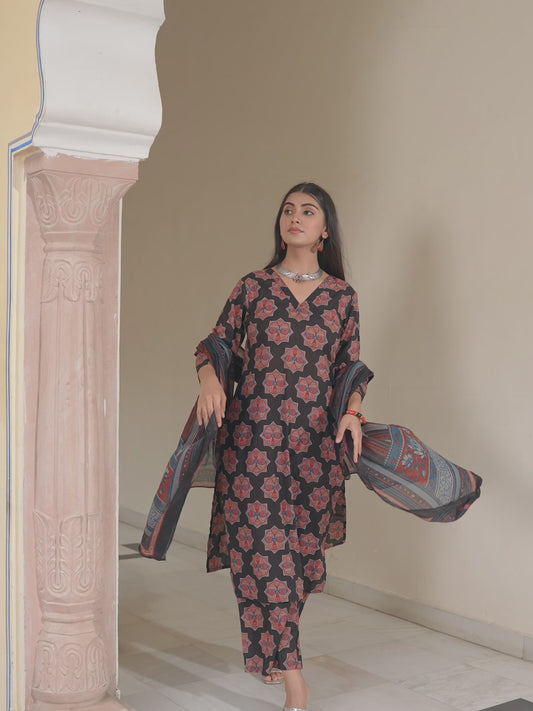 Soft Cotton Ajrakh A-Line Black Kurta