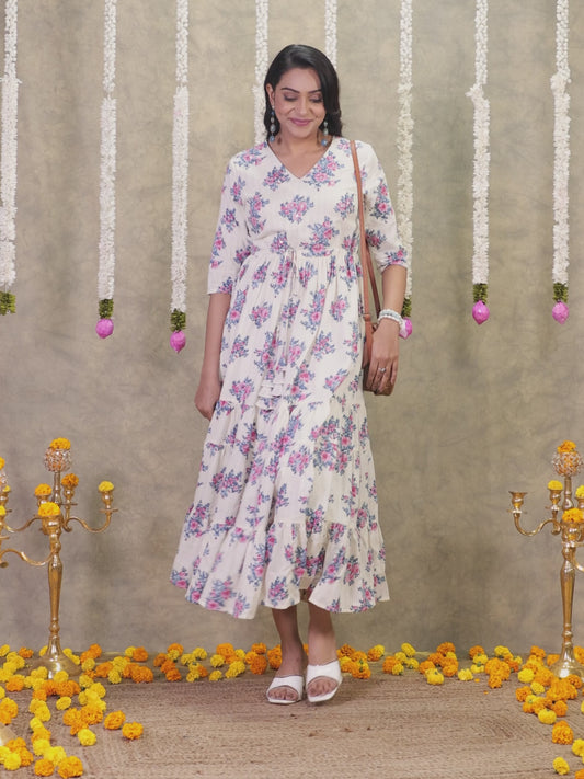 Embroidered Cotton Dobby Floral A-line Off White Dress