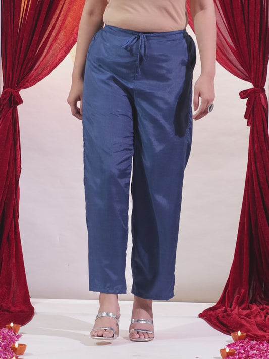 Blended Silk Solid Blue Straight Trousers