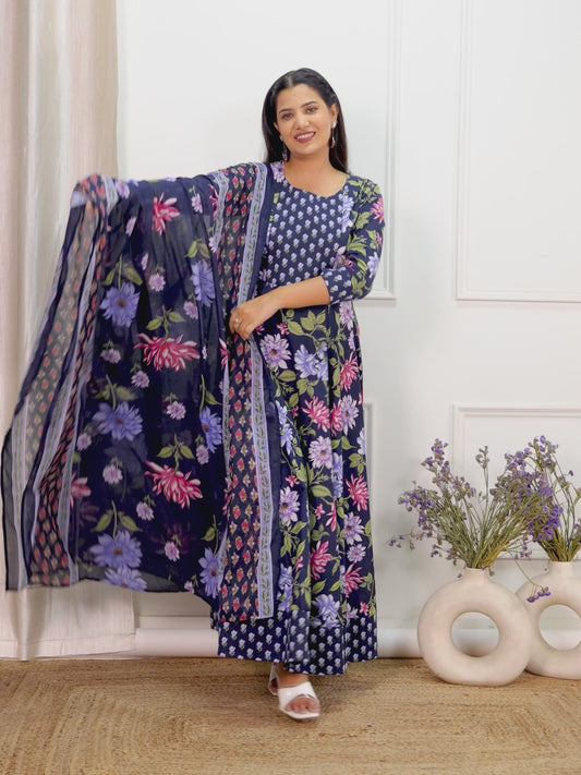 Soft Cotton Floral Anarkali Blue Kurta