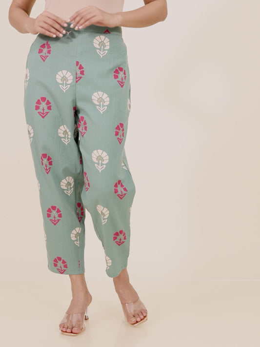 Linen Cotton Floral Green Tapered Trousers