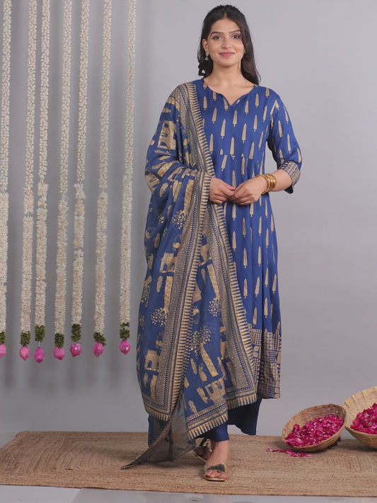 Viscose Gold foil Anarkali Blue Kurta