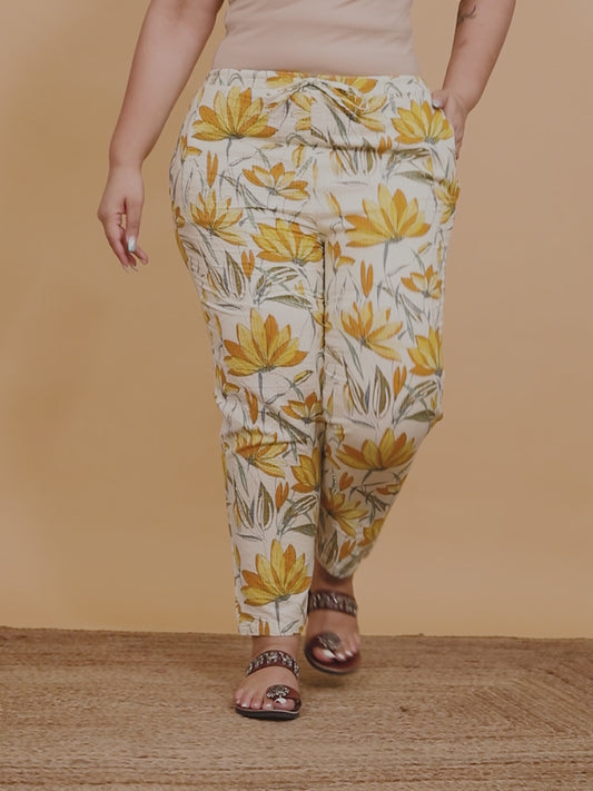 Soft Cotton Floral Yellow Tapered Trousers