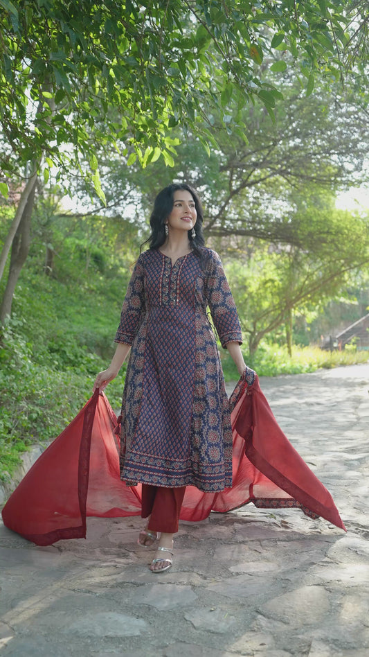 Soft Cotton Geometric A-line Blue Kurta