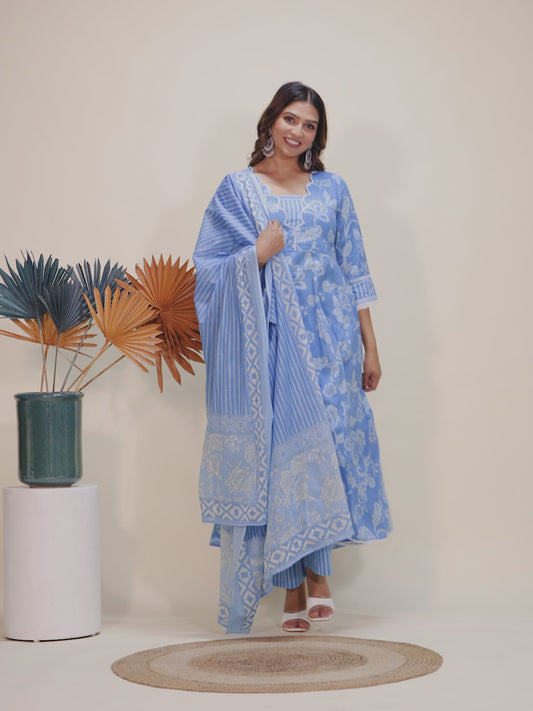 Soft Cotton Floral Flared Blue Kurta