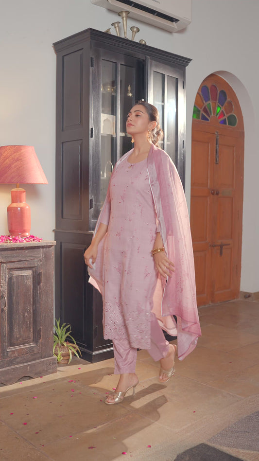 Linen Blend Floral Panelled Pink