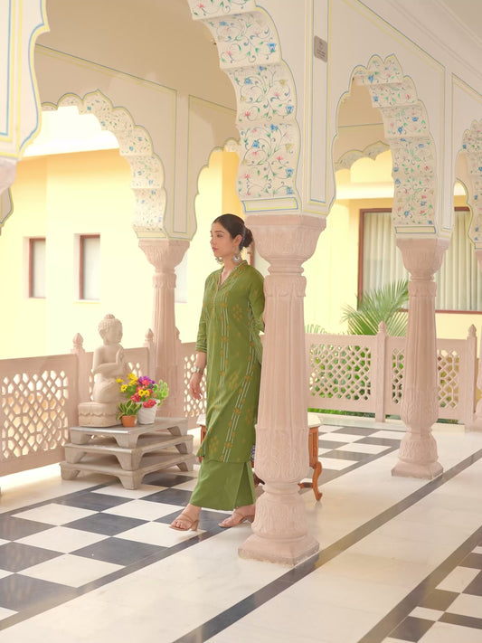 Soft Cotton Geometric A-line Green Kurta