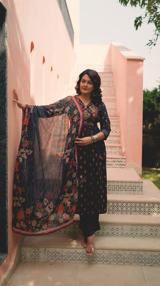 Soft Cotton Floral Flared Black Kurta