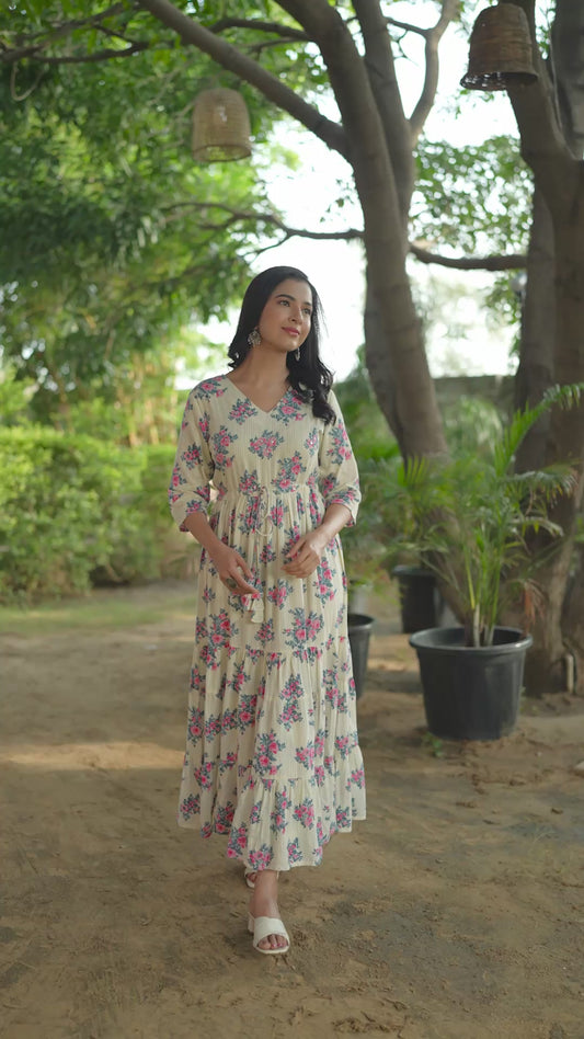 Embroidered Cotton Dobby Floral A-line Off White Dress