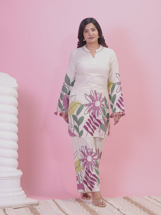 Cotton Linen Placement Print Straight Cream Kurta