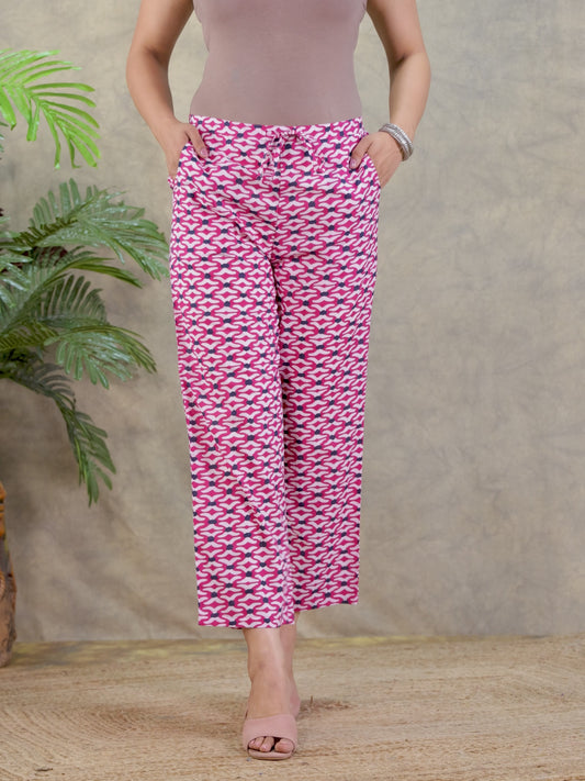 Soft Cotton Geometric Pink Straight Trousers