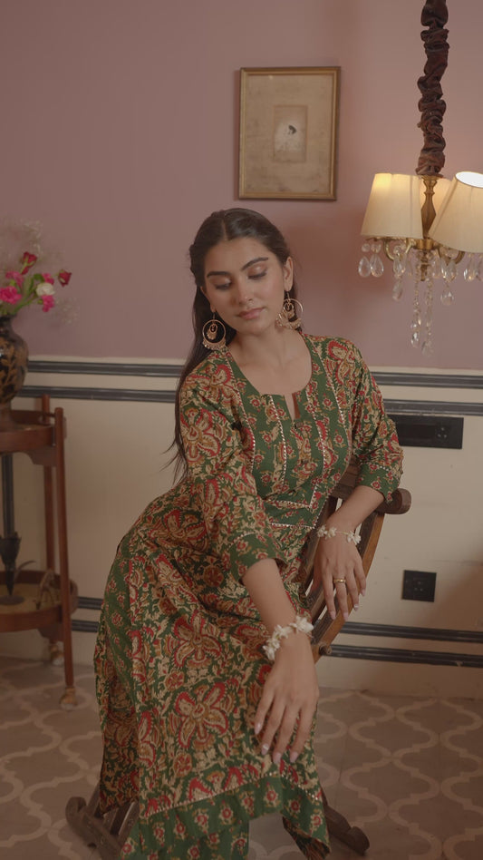 Soft Cotton Floral Straight Green Kurta