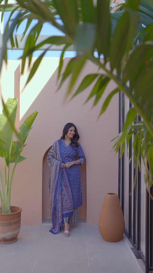 Soft Cotton Geometric A-line Indigo blue Kurta