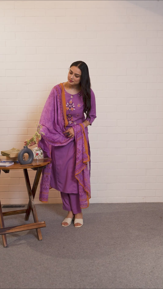 Embroidered Linen Cotton Solid A-line Purple Kurta