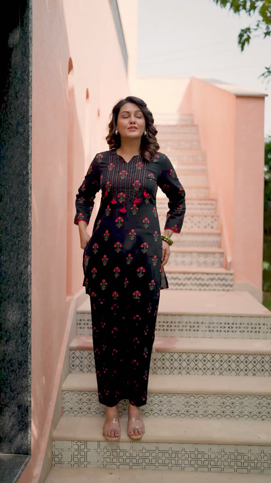 Embroidered Soft Cotton Block Print Straight Black Kurti