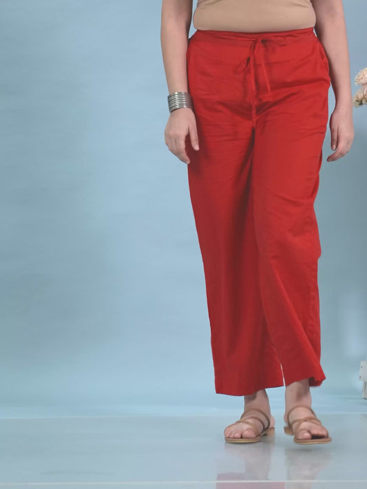 Soft Cotton Solid Red Straight Trousers