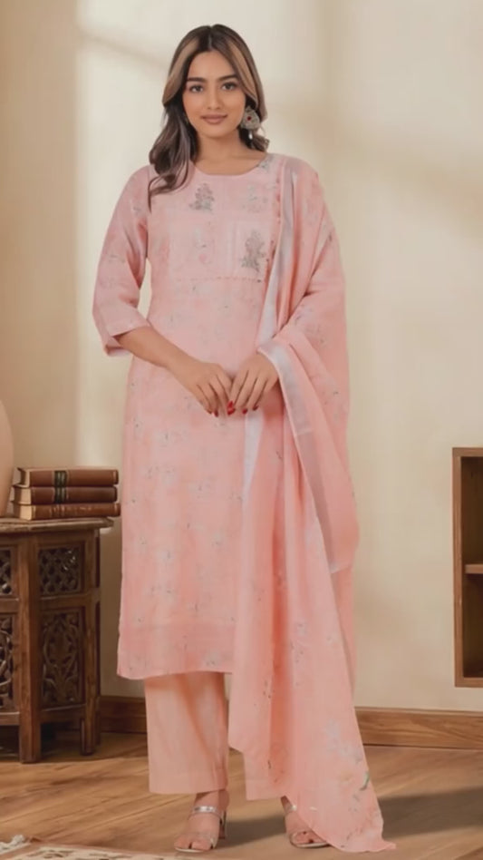 Blended Silk Floral Straight Peach Kurta