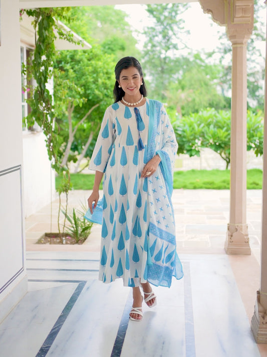 Soft Cotton Foliage Flared Blue Kurta