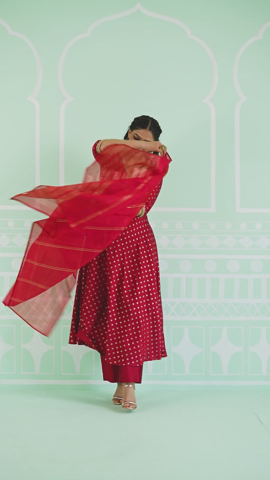 Blended Silk Gold foil Anarkali Red Kurta