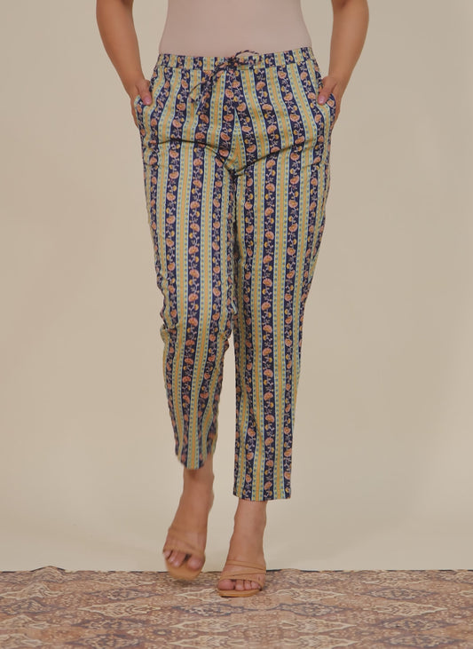 Soft Cotton Floral Indigo blue Tapered Trousers