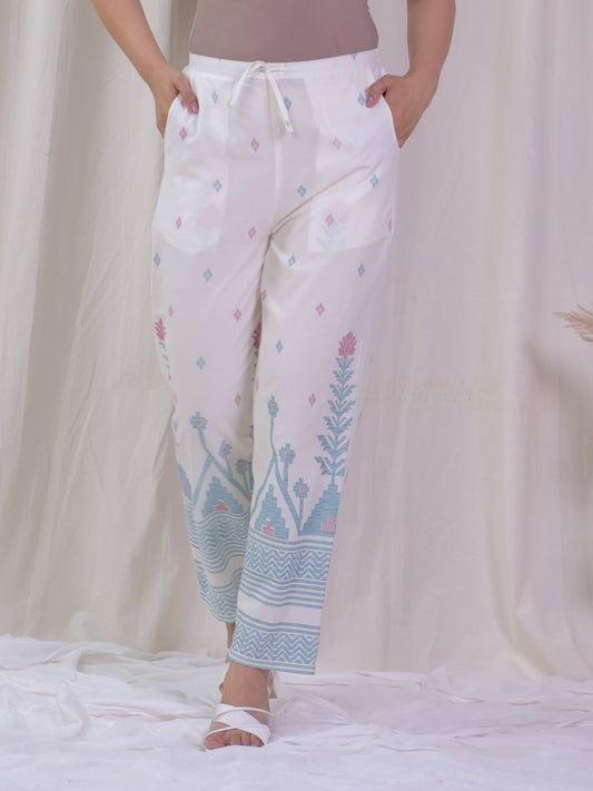 Soft Cotton Geometric Off White Straight Trousers
