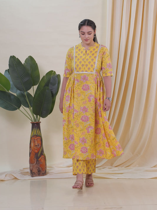 Soft Cotton Floral Flared Yellow Kurta