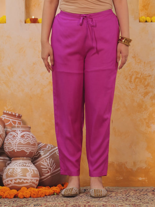 Viscose Solid Pink Tapered Tapered Trousers