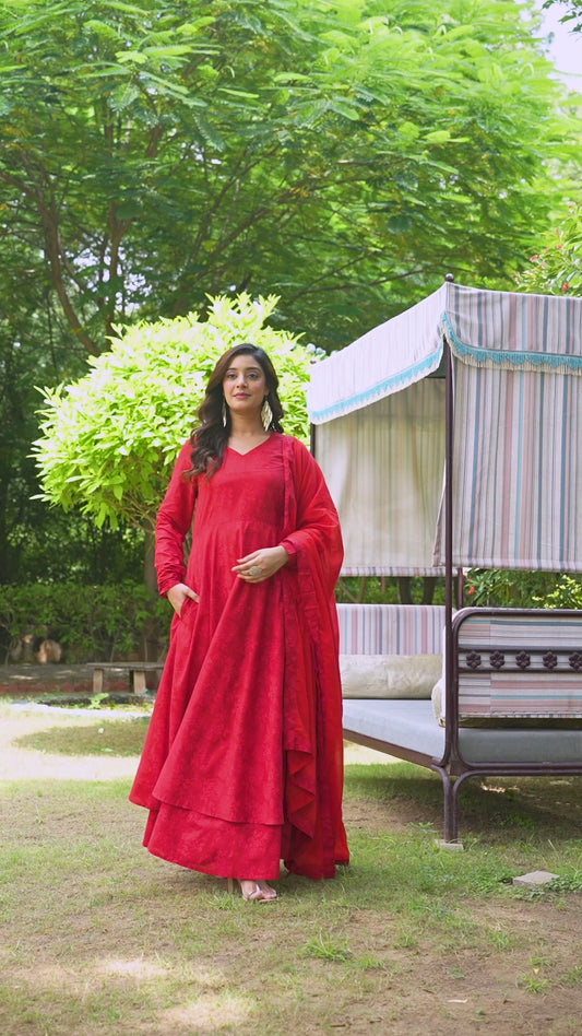 Soft Cotton Floral Anarkali Red Kurta