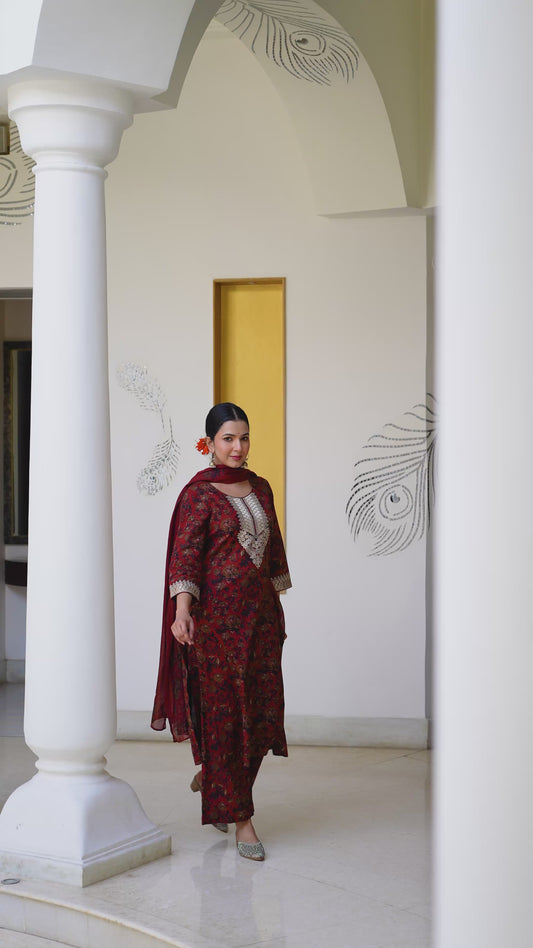 Soft Cotton Floral Straight Maroon Kurta