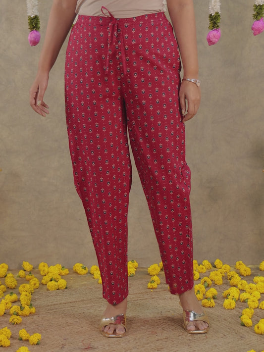 Soft Cotton Floral Maroon Tapered Trousers