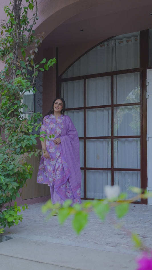 Soft Cotton Floral Straight Purple Kurta